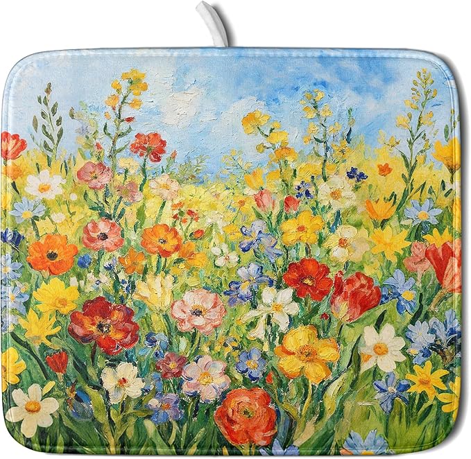Spring Summer Floral Dish Drying Mat for Kitchen Counter 16x18 Green Yellow Blue Flower Wildflower Print Absorbent Reversible Microfiber Drying Mats Kitchen Countertop Protector Dishes Drainer Pad