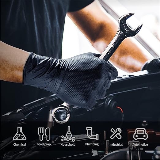 10mil Nitrile-Gloves Disposable-Black Chemical-Resistant Rubber - Mechanic Gloves Heavy Duty, Latex Free, Diamond Grip (200, Medium)
