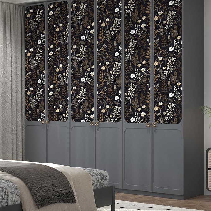 Vintage Adhesive Shelf Liner Contact Paper, 17.5" x 78" Black Floral Theme Wallpaper Boho Design for DIY Craft, Vinyl Removable Wallpaper for Dresser Dollhouse Cabinet Drawer in Dark Brown
