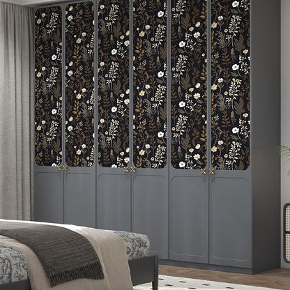 Vintage Adhesive Shelf Liner Contact Paper, 17.5" x 78" Black Floral Theme Wallpaper Boho Design for DIY Craft, Vinyl Removable Wallpaper for Dresser Dollhouse Cabinet Drawer in Dark Brown