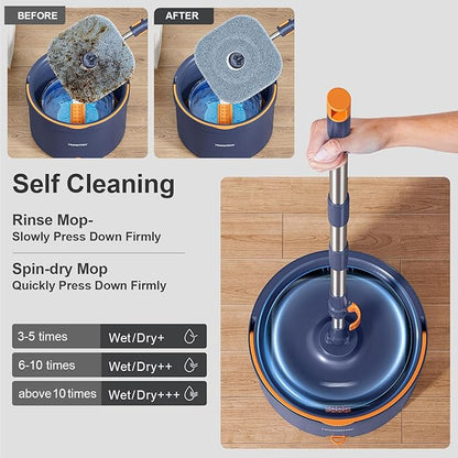 Spin Mop and Bucket Set, Mop Bucket with Separate Dirty Water System, Deep-Cleaning Mops for Floors/Wall, Versatile Mops with 4 Microfiber Mop Pads