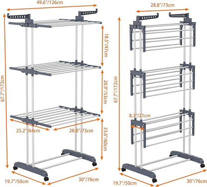 HOMIDEC Clothes Drying Rack, Oversized 4-Tier(67.7" High) Foldable Stainless Steel Drying Rack Clothing, Movable Drying Rack with 4 castors, 24 Drying Poles and 14 Hooks for Bed Linen, Clothing, Grey