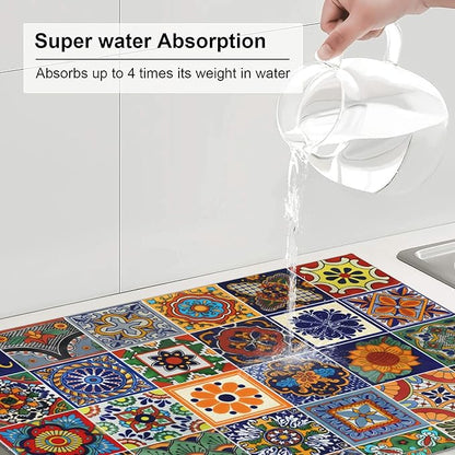 Talavera Tiles Dish Drying Mat for Kitchen Counter, 18 x 24 Inch Microfiber Dish Mats for Drying Dishes, Absorbent Dish Drying Pad Talavera Kitchen Decor Rack Mat