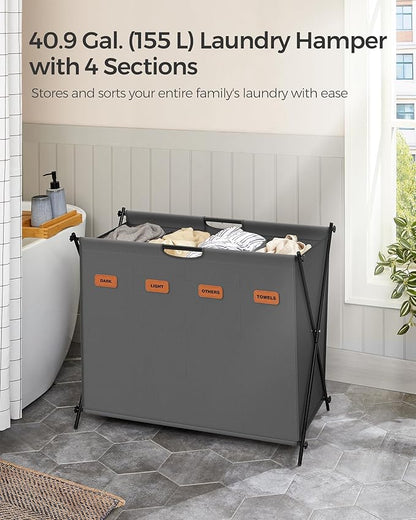 SONGMICS Laundry Hamper, Laundry Basket, 40.9 Gal. Laundry Sorter 4 Sections, Collapsible X-Frame, Clothes Organizer with Customizable Labels, Laundry Room, Bedroom, Bathroom, Slate Gray ULCB140G01