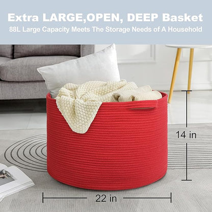 Extra Large Red Basket for Organizing, 22" X 22" X 14" Woven Cotton Rope Bins for Blankets, Baby Nursery Wicker Laundry Basket, Kids Dog Toy Storage Box, Big Red Living Room Decor Organizer