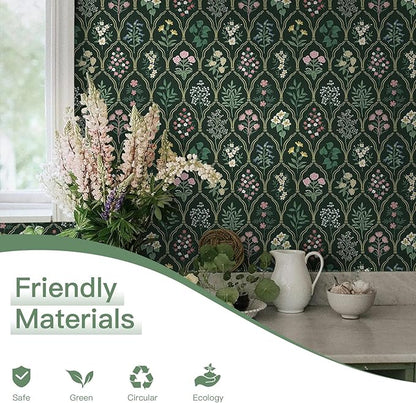 Dimoon 17.3''x78.7'' Peel and Stick Wallpaper Floral Contact Paper Vintage Wallpaper Green Pink Renter Friendly Waterproof Upgrade Embossed Self Adhesive Kitchen Bedroom Cabinet