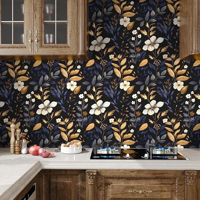 Laatse Vintage Dark Floral Wallpaper Peel and Stick Blue/Gold Leaf Wallpaper Waterproof Self Adhesive Removable Boho Wall Paper Modern for Bedroom Walls Drawer Cabinet 17.5in x 197in