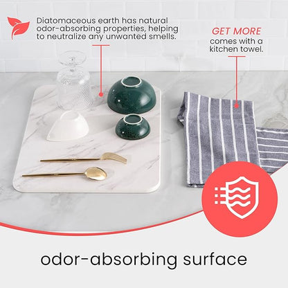 Stone Drying Mat for Kitchen Counter – Diatomaceous Earth Dish Drying Stone (White Marble) – Modern Countertop Drying Rack – Water Absorbent, Heat Resistant, Non-Slip Kitchen Mat with Towel (16"x12")