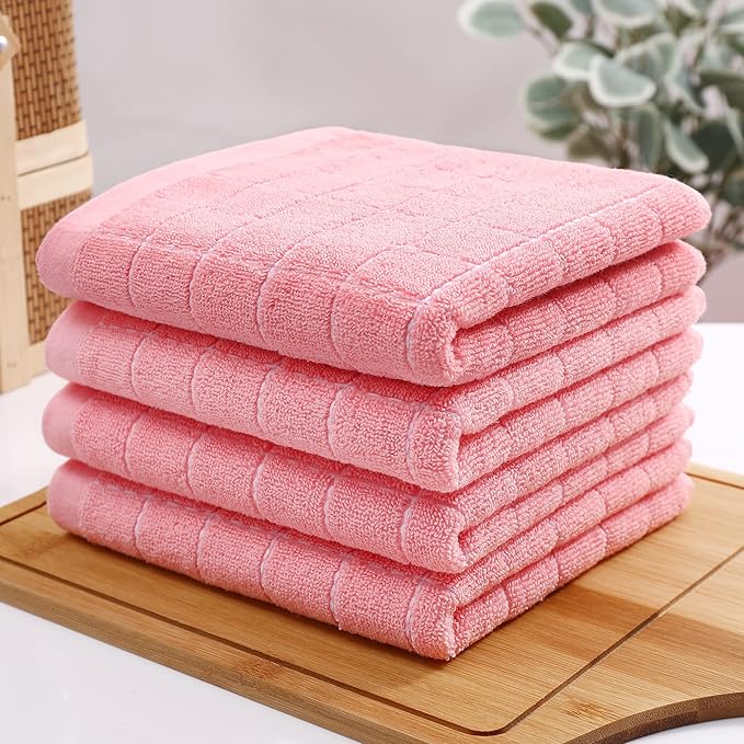 Homaxy 100% Cotton Terry Kitchen Towels(Pink, 13 x 28 inches), Checkered Designed, Soft and Super Absorbent Dish Towels, 12 Pack