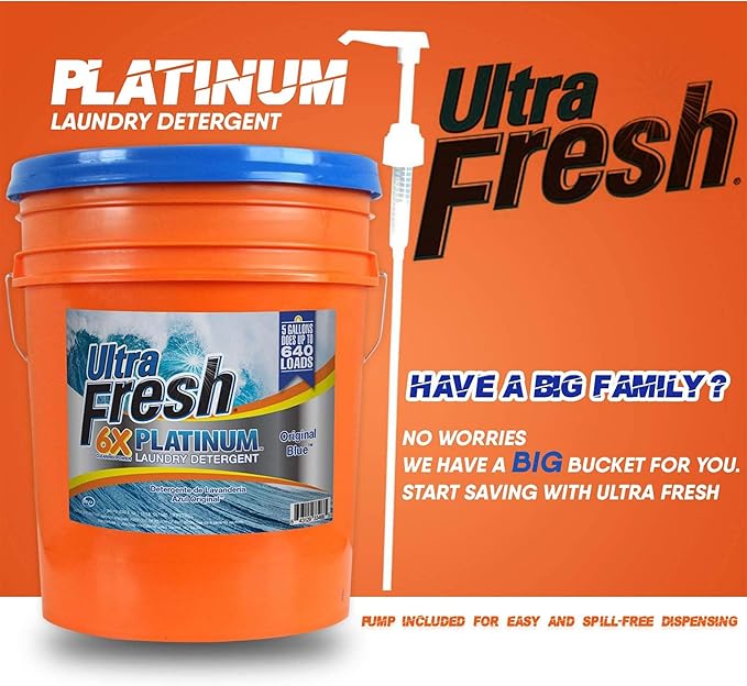 Ultra Fresh 6X Platinum Laundry Detergent, 5 Gallon, Bundled with Ultra Shine™ 3X Platinum™ Dishwashing Liquid and Pump, Up to 640 Loads, Orange/Blue