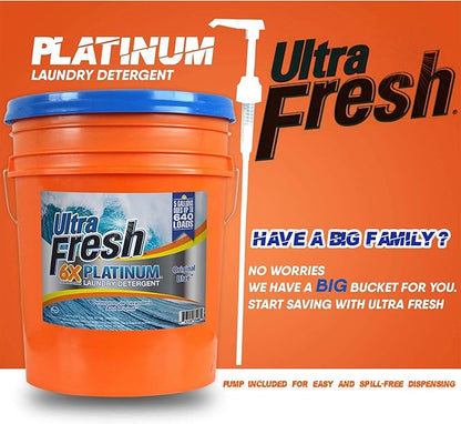 Ultra Fresh 6X Platinum Laundry Detergent, 5 Gallon, Bundled with Ultra Shine™ 3X Platinum™ Dishwashing Liquid and Pump, Up to 640 Loads, Orange/Blue