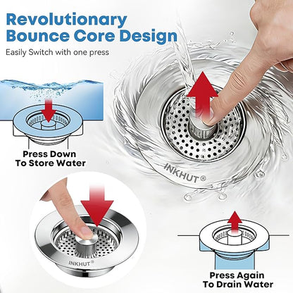 Upgraded 3 in 1 Kitchen Sink Drain Strainer - Stainless Steel Sink Stopper, Anti-Clogging Sink Food Catcher Basket, Fast Drainage Odor Filter Sink Plug for US Standard 3 1/2 inch Drain (Silver-2Pack)