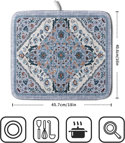Boho Flower Dish Drying Mat Blue Bohemian Dishes Drainer Rack Mat 16x18 Inch Microfiber Kitchen Drying Pad for Countertop Tableware Decor