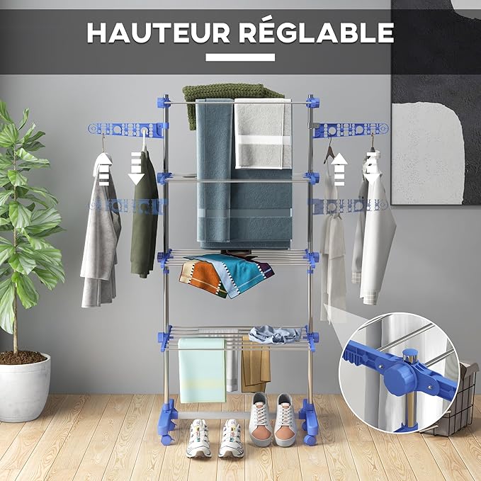 HOMCOM Folding Clothes Airer with Side Wings for Indoor and Outdoor Use 142 x 55 x 172 cm 4 Levels Blue