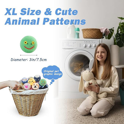 Wool Dryer Balls XL Size 6 Pack - Fun Dryer Balls with Animal Faces Handmade New Zealand Wool Balls for Dryer Cute Dryer Balls Laundry Reusable Anti Static Natural Fabric Softener