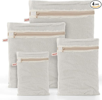 MADIKA 100% Cotton Mesh Laundry Bags, Organic Cotton Laundry bags, No Dye, Set of 4, Natural