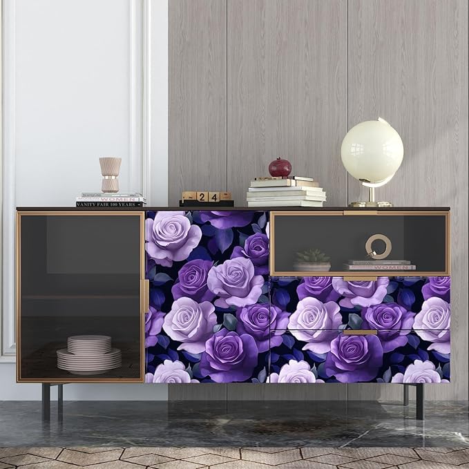 Purple Peel and Stick Wallpaper, Vintage Purple Rose Floral Pattern Wallpapers, Dark Romance Flower Self Adhesive Contact Paper Wall Decor for Bedroom Bathroom Drawer Bookshelf 17.5In x 9.8Ft