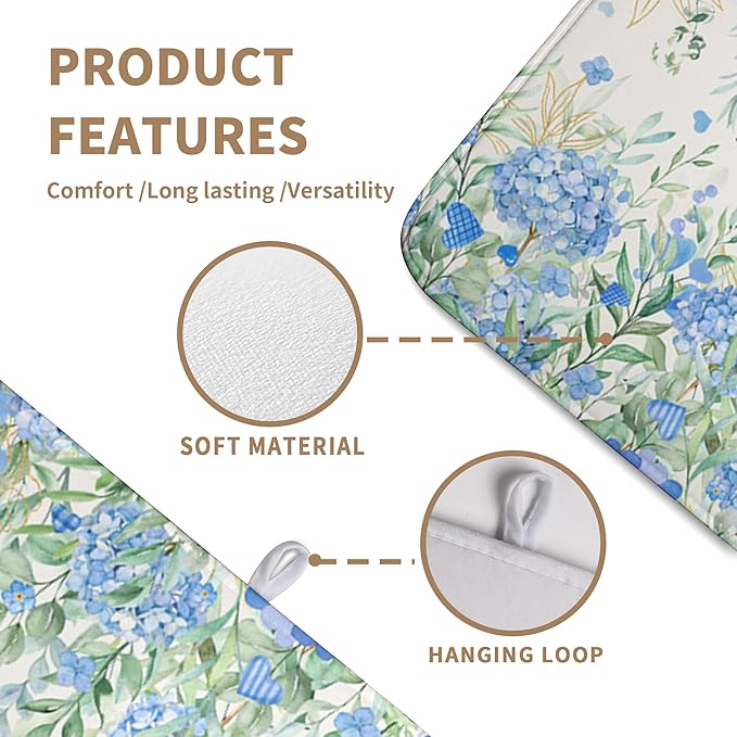Blue Hydrangea Floral Dish Drying Mat for Kitchen Counter Spring Butterfly Flower Drainer Mat Absorbent Reversible Microfiber Heat Resistant Dry Pad Reusable Washable Dishes Pad 18x24 Inch