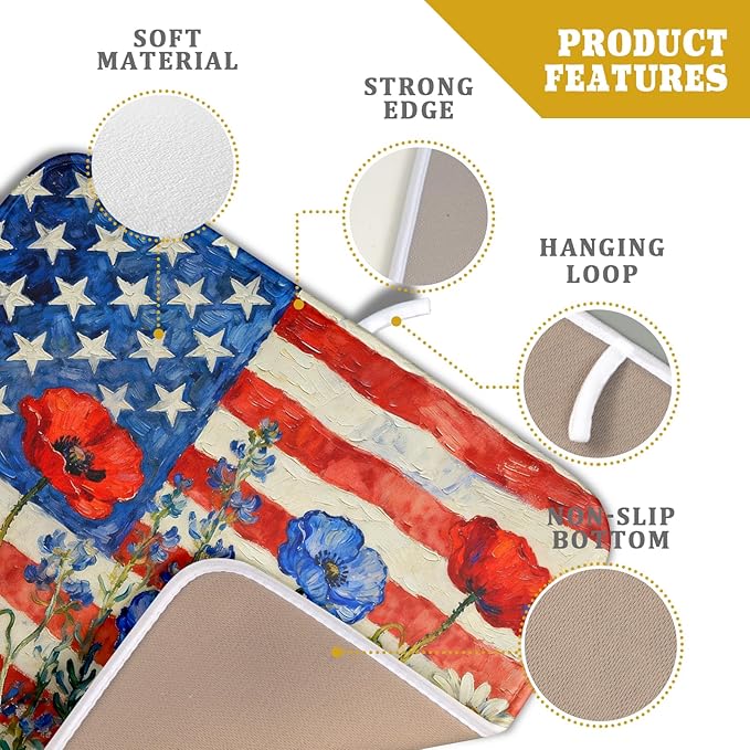 4th of July Patriotic Dish Drying Mat for Kitchen Counter 16x18 Red Blue White Floral American Flag Holiday Absorbent Reversible Microfiber Drying Mats Kitchen Countertop Protector Dishes Drainer Pad
