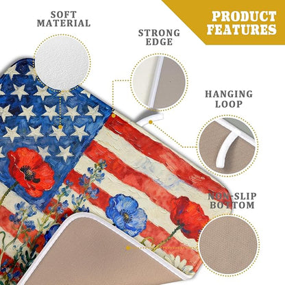4th of July Patriotic Dish Drying Mat for Kitchen Counter 16x18 Red Blue White Floral American Flag Holiday Absorbent Reversible Microfiber Drying Mats Kitchen Countertop Protector Dishes Drainer Pad