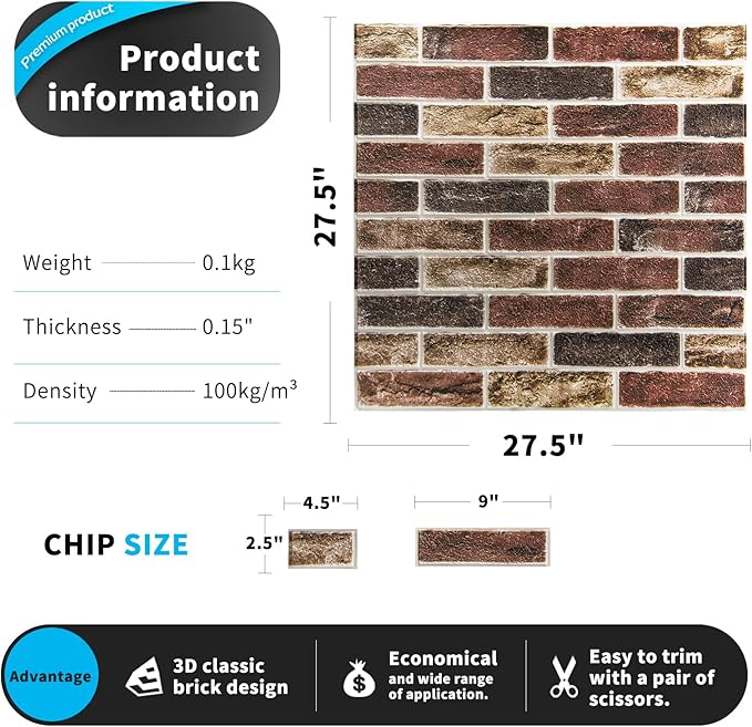 Art3d 20-Pack 105 Sq.Ft Faux Brick 3D Wall Panels Peel and Stick in Red Brown, Self Adhesive Waterproof Foam Wallpaper for Bedroom, Bathroom, Kitchen