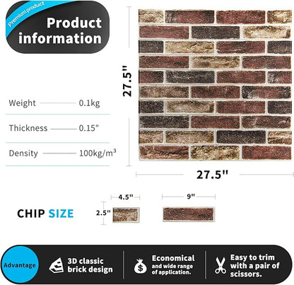 Art3d 20-Pack 105 Sq.Ft Faux Brick 3D Wall Panels Peel and Stick in Red Brown, Self Adhesive Waterproof Foam Wallpaper for Bedroom, Bathroom, Kitchen