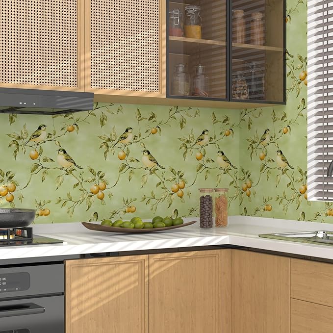 Green Bird Wallpaper Peel and Stick, Vintage Botanical Fruits Contact Paper, Retro Floral Boho Wall Paper Self Adhesive Removable Waterproof for Bedroom Walls Shelf Cabinet Drawer Table 17.5" x 118"