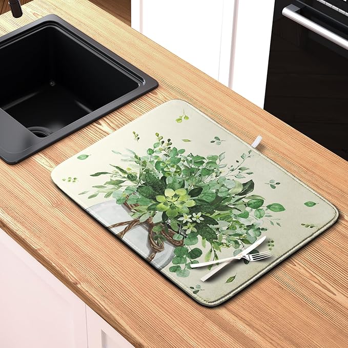 Spring Sage Green Leaves Dish Drying Mat for Kitchen Counter Eucalyptus Leaf Floral Mason Jar Dishes Drainer Mats Absorbent Microfiber Dish Draining Mat Washable Large Dish Pad 18x24 Inch