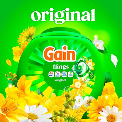 Gain Flings Liquid Washing Detergent Pacs, Now with Odor Defense + Color Guard, Original Scent, 4-In-1 Liquid Laundry Detergent Pods, Clean & Fresh, 60 Count (Packaging May Vary)
