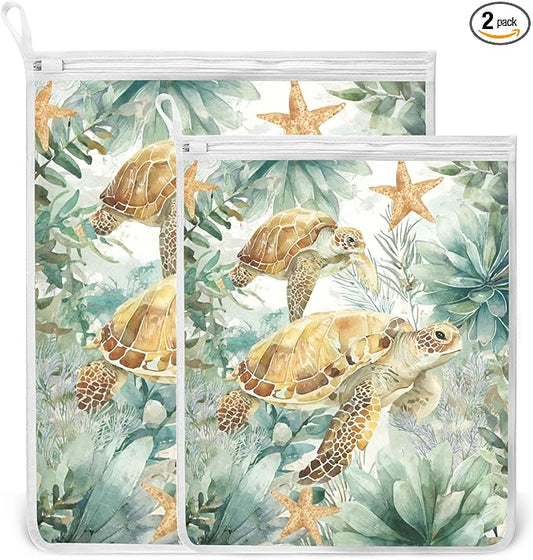 Mesh Laundry Bags Lingerie Bags for Washing Delicates 2 PCS Durable Wash Bag with Zipper Small and Medium Washable Sea Turtle Starfish Plants