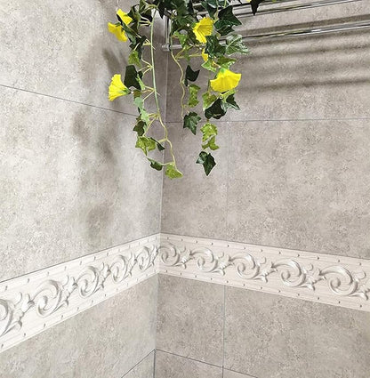 PVC Self Adhesive Silver 3D Flowers Waterproof Wall Border Decor Removable Kitchen Bathroom Tiles Stciker 4 x196.8 inch