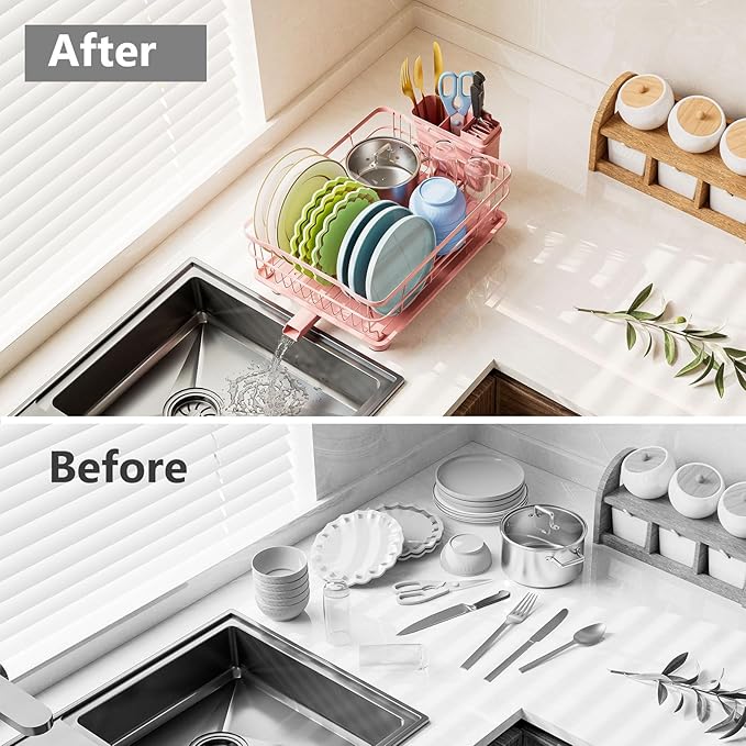 AIDERLY Iron Dish Drying Rack Auto Drain Dish Drainers Kitchen Counter Strainer with Draining Tray, Pink