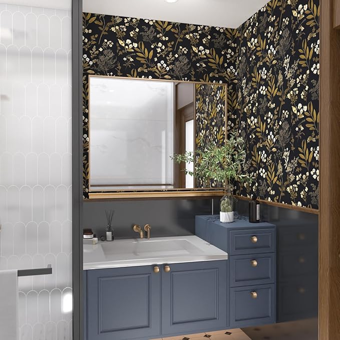Laatse Leaf Wallpaper Peel and Stick Dark Floral Wallpaper 17.5in x 197in Vintage Leaf Contact Paper Vinyl Waterproof Self Adhesive Boho Botanical Wall Paper for Bedroom Cabinet Décor
