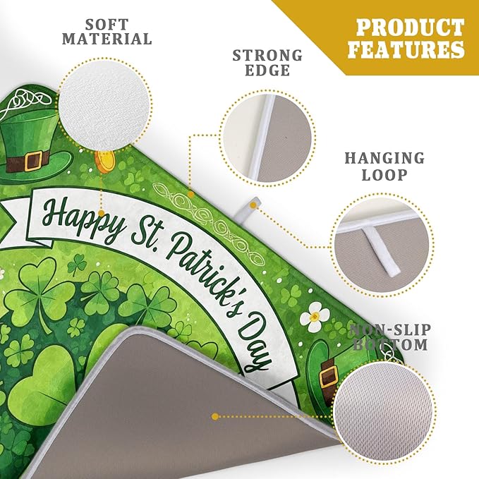 Happy St. Patrick's Day Dish Drying Mat 18 x 24 Inch With Absorbent Reversible Microfiber Spring Lucky Clover Shamrock Hat Drying Green Dish Drainer Mat Fast Dry For Kitchen Dining Room Decor