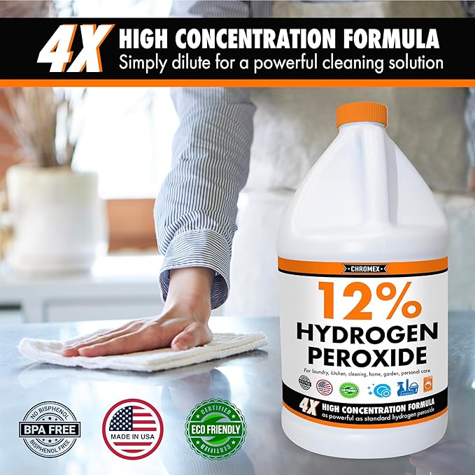 Chromex Hydrogen Peroxide 12 Percent Food Grade, 4x Power Concentrated Solution, 4 Gallons Dilute to 16 Gallons, Versatile Uses include Topical Care, Home, Kitchen, Bath Cleaner, Laundry, Whitening