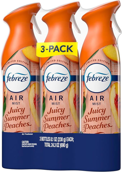 Febreze Air Mist, Air Freshener Spray, Odor Fighting Room Spray, Deodorizer for Home Bathroom Kitchen Office Apartment Dorm Room Classroom, Juicy Summer Peaches Scent, 8.1oz (Pack of 3)