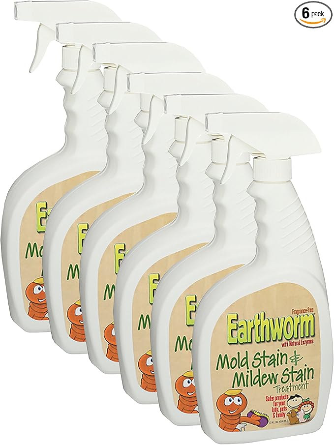 Earthworm Mold Stain and Mildew Stain Remover Spray Treatment - Natural Enzymes, Safer for Family, Environmentally Responsible - 22 oz (Pack of 6)