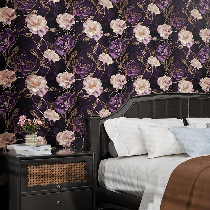Dark Floral Wallpaper Peel and Stick Purple/Gold Rose Flower Contact Paper 17.4" x 393" Wall Paper Waterproof Self-Adhesive Wall Covering for Bedroom Countertop Desk Cabinets Decor Renter Friendly