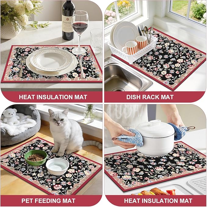 LOKHOM Floral Dish Drying Mat, 12"x20" Super Absorbent Non-slip Bordered Coffee Mat with Oil Painting Black Floral, Cuttable Hide Stain Drying Mat for Kitchen Counter Coffee Maker Espresso Machine