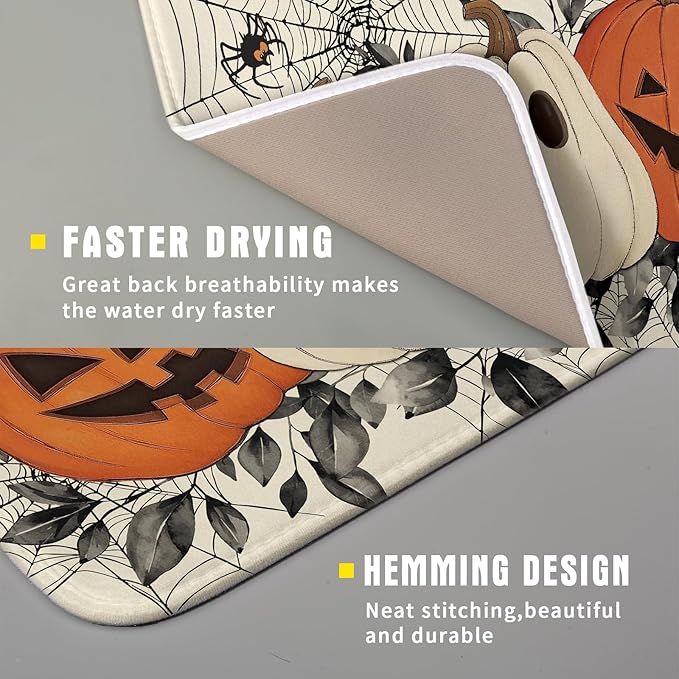 Halloween Pumpkin Dish Drying Mat for Kitchen Counter 16x18 Black Bat Spiderweb Holiday Scary Theme Absorbent Reversible Microfiber Drying Mats Kitchen Countertop Protector Dishes Drainer Pad