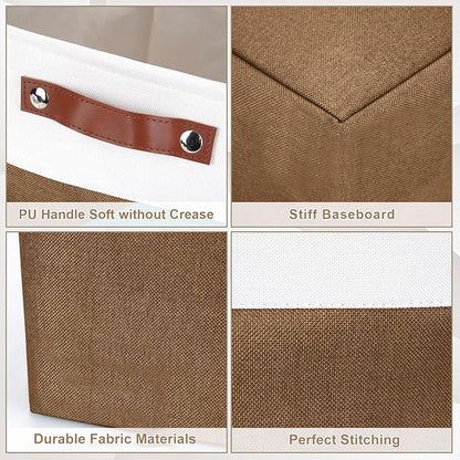 13x13 Cube Storage Bins, Collapsible Fabric Storage Box, 4 Pack Closet Baskets with Handles for Organizing, Shelf, Toys, Clothes, Home, Office, Nursery (Brown&White)
