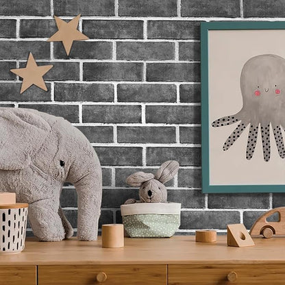 HeloHo 17.7" X 394" Grey Brick Wallpaper Peel and Stick Self-Adhesive Removable 3D Textured Wall Paper for Kitchen Backsplash Living Room Bedroom Decor