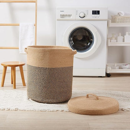 Extra Large Storage Basket with Lid 60L, 16"Wx18"H Woven Laundry Hamper Basket with Handle, Jute Rope Wicker Basket Blankets Pillows Storage in Living Room Baby Nursery, Jute/Black Mix includes Lid