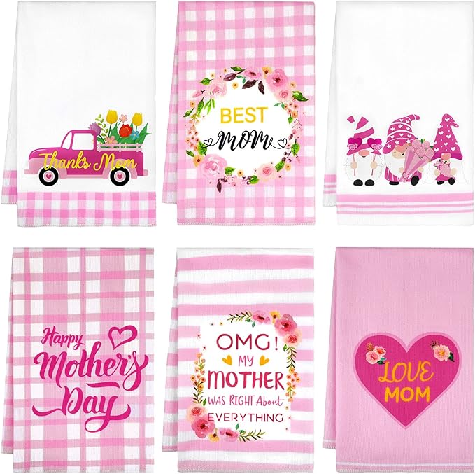 Zubebe 6 Pcs Best Mom Kitchen Dish Towel Set Absorbent Quick Dry Cloth 18 x 28 Inch Dish Towels Reusable Hand Towels Bar Dishcloths Rag Happy Mother's Day Decor for Bathroom Kitchen Supplies