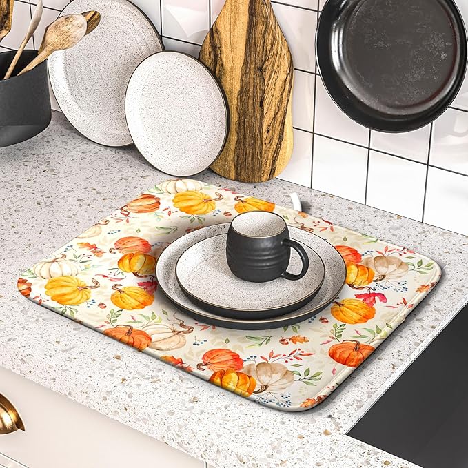 Autumn Fall Dish Drying Mat for Kitchen Counter Watercolor Pumpkin Maple Leaves Drying Mat 16 x 18 Inch with Absorbent Reversible Microfiber Dish Drying Pad Dish Rack Drainer Mat for Coffee Bar