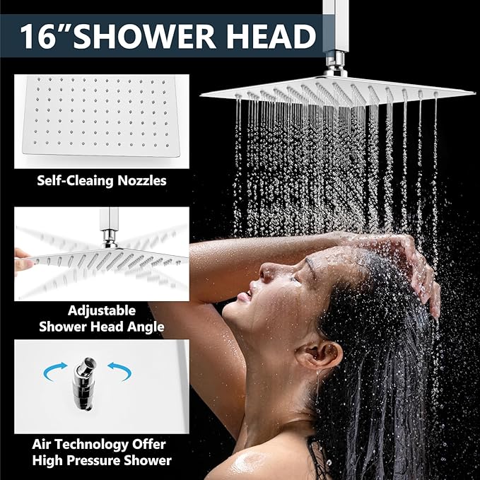 Aolemi Ceiling Mount Shower System Rain Shower Head with Handheld Spray High Pressure Shower Faucet Set Rough-in Valve Shower Trim Kit Included Bathroom Polish Chrome 16 Inch Ceiling Shower Head
