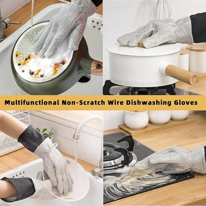 Wire Dishwashing Gloves，Multipurpose Non-Scratch Scrubbing Waterproof Anti-Hot & Oil-Resistance Kitchen Cleaning Gloves