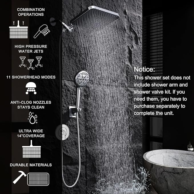14'' High Pressure Rainfall Shower Head with Handheld-11Modes with Power Jets, Adjustable Rain Showerhead,Double Shower heads design,70"Hose&detachable Holder Upgrade for Tandem Bathroom