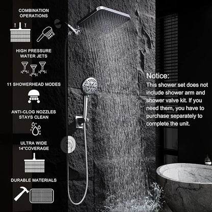 14'' High Pressure Rainfall Shower Head with Handheld-11Modes with Power Jets, Adjustable Rain Showerhead,Double Shower heads design,70"Hose&detachable Holder Upgrade for Tandem Bathroom