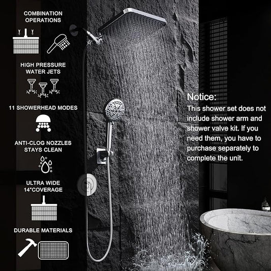 14'' High Pressure Rainfall Shower Head with Handheld-11Modes with Power Jets, Adjustable Rain Showerhead,Double Shower heads design,70"Hose&detachable Holder Upgrade for Tandem Bathroom